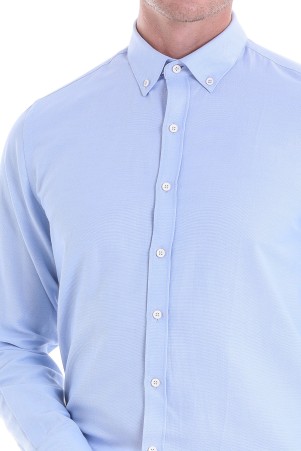 Mavi Comfort Fit Düz Pamuklu Düğmeli Yaka Uzun Kollu Casual Gömlek - Thumbnail