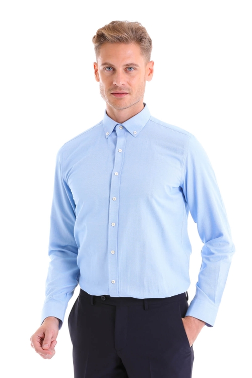 HTML - Mavi Comfort Fit Düz Pamuklu Düğmeli Yaka Uzun Kollu Casual Gömlek