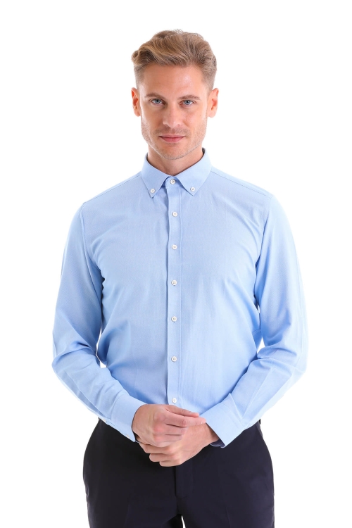 Mavi Comfort Fit Düz Pamuklu Düğmeli Yaka Uzun Kollu Casual Gömlek - Thumbnail (1)