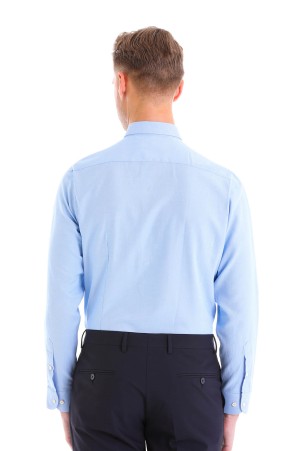 Mavi Comfort Fit Düz Pamuklu Düğmeli Yaka Uzun Kollu Casual Gömlek - Thumbnail