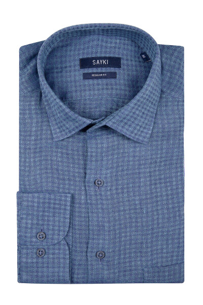 Mavi Pötikareli Keten Gömlek - 1