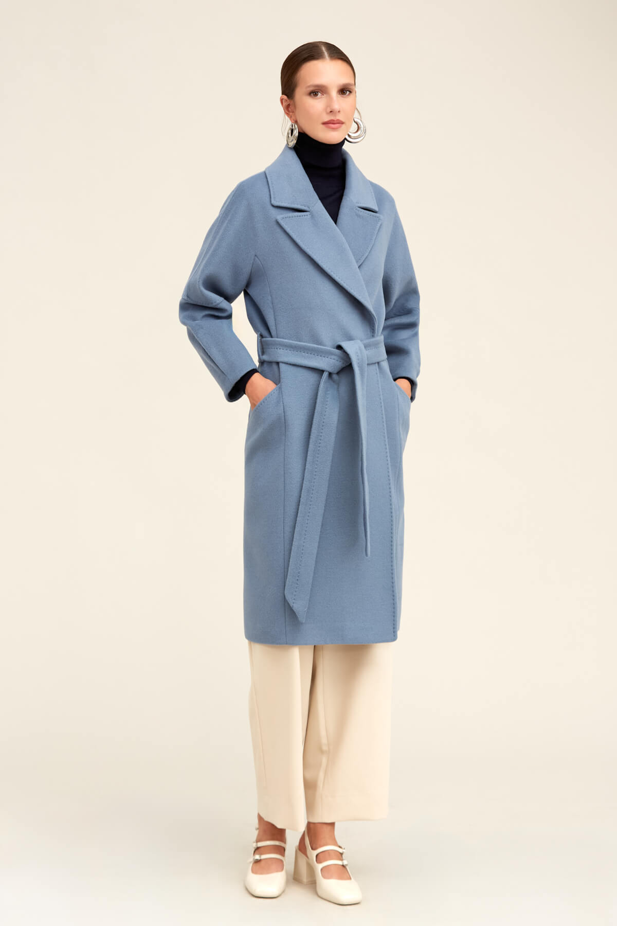 Saykı Woman Mavi Regular Fit Ceket Yaka Kaşe Yünlü Oversize Manto - 1