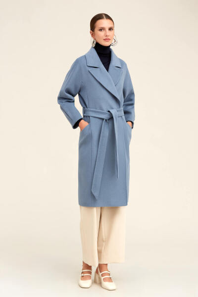 Saykı Woman Mavi Regular Fit Ceket Yaka Kaşe Yünlü Oversize Manto 