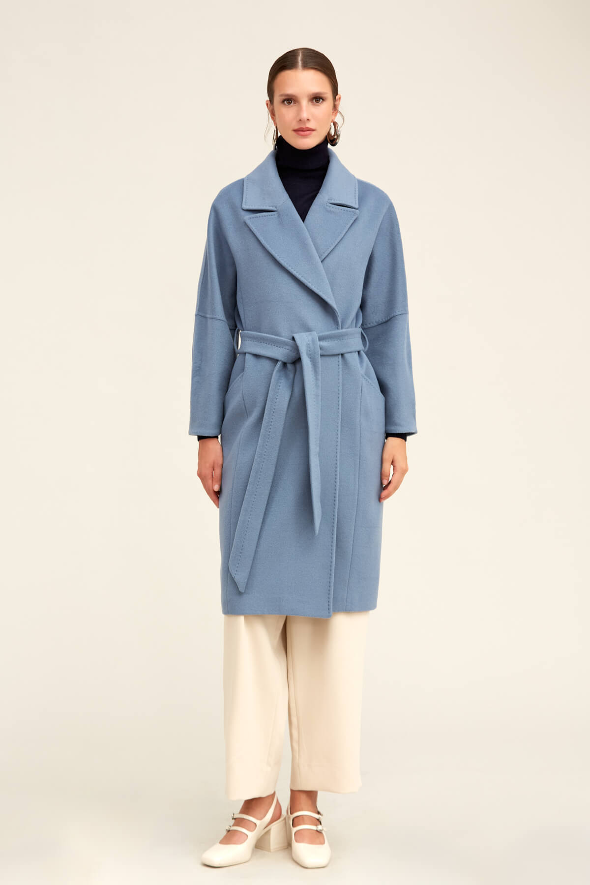 Saykı Woman Mavi Regular Fit Ceket Yaka Kaşe Yünlü Oversize Manto - 2