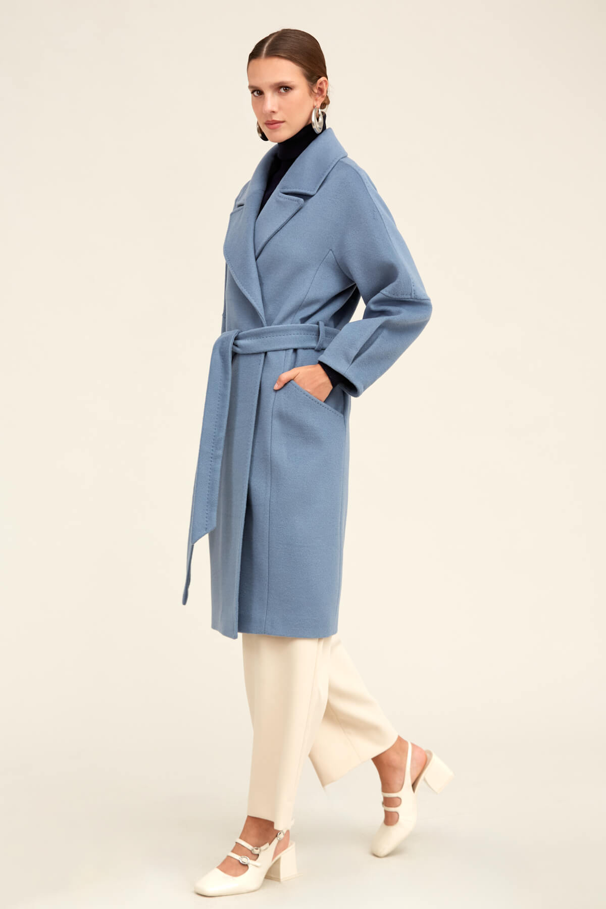 Saykı Woman Mavi Regular Fit Ceket Yaka Kaşe Yünlü Oversize Manto - 4