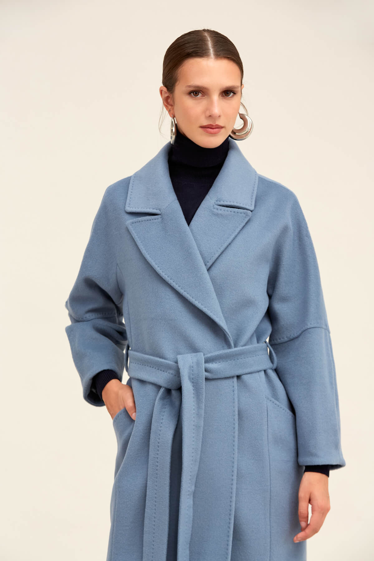 Saykı Woman Mavi Regular Fit Ceket Yaka Kaşe Yünlü Oversize Manto - 5