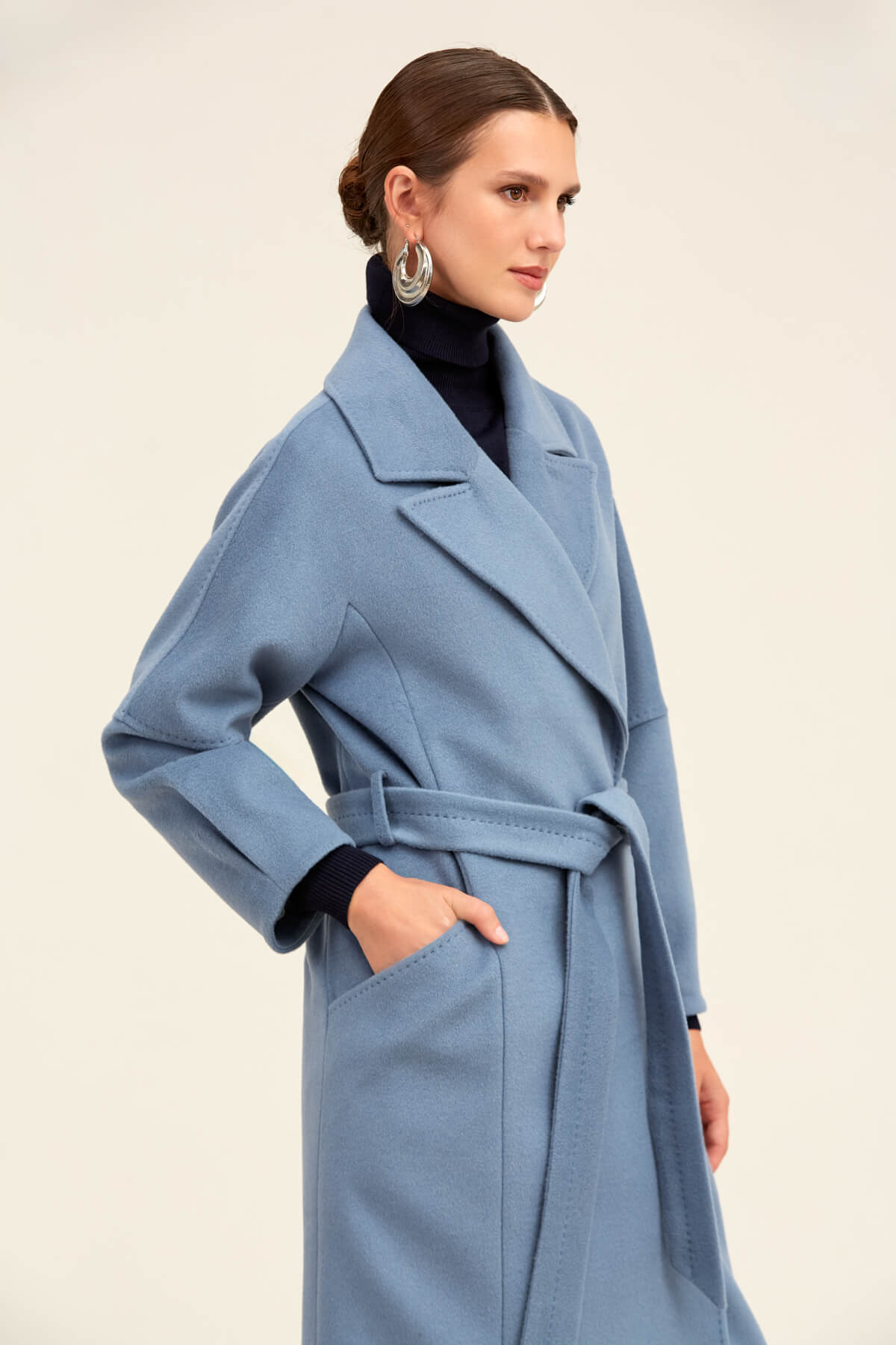 Saykı Woman Mavi Regular Fit Ceket Yaka Kaşe Yünlü Oversize Manto - 6