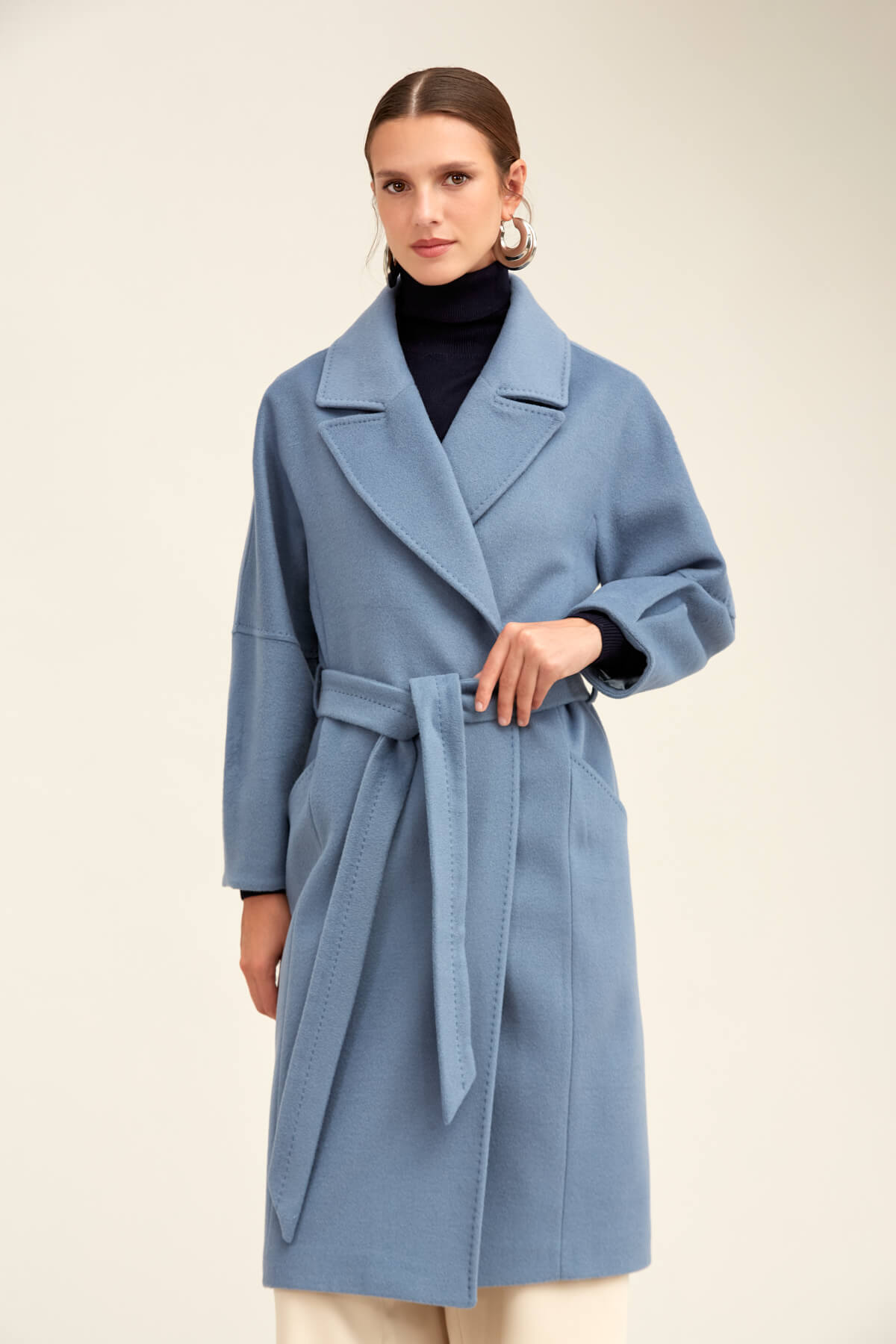 Saykı Woman Mavi Regular Fit Ceket Yaka Kaşe Yünlü Oversize Manto - 7