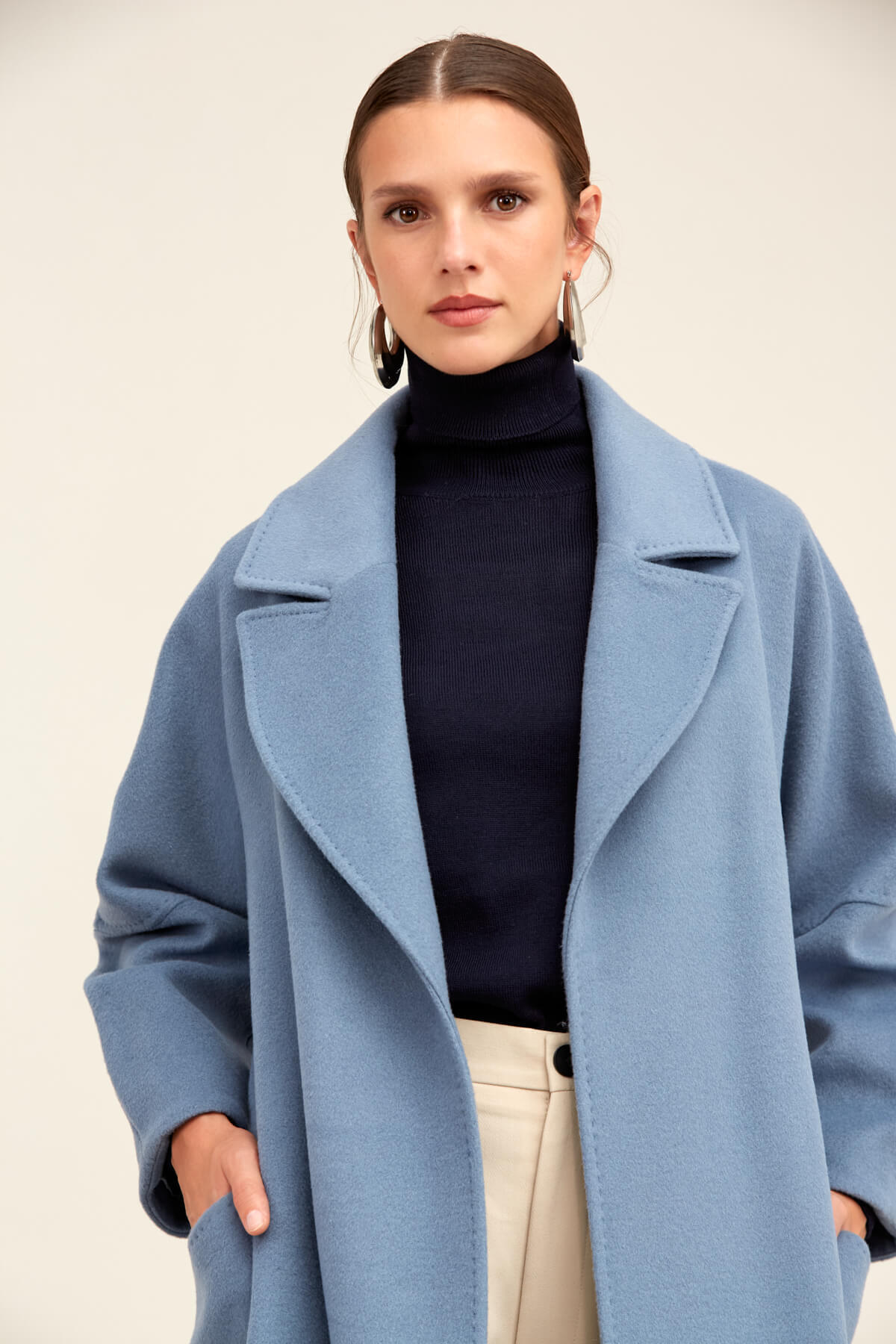 Saykı Woman Mavi Regular Fit Ceket Yaka Kaşe Yünlü Oversize Manto - 8