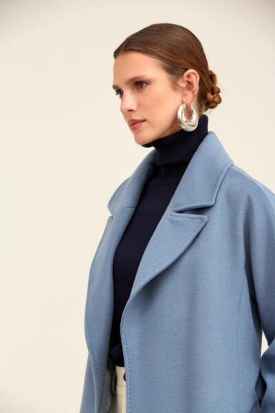 Saykı Woman Mavi Regular Fit Ceket Yaka Kaşe Yünlü Oversize Manto - 9