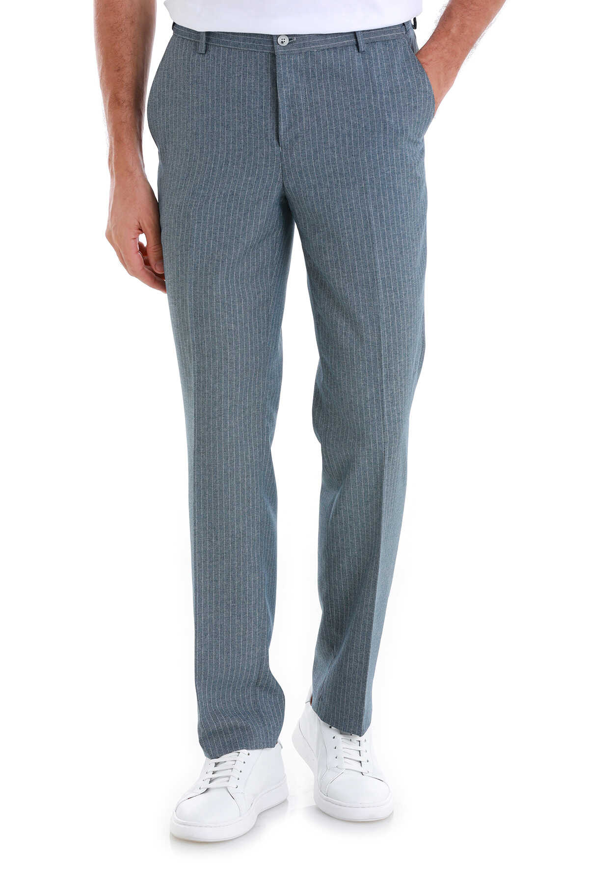 Mavi Regular Fit Çizgili Yandan Cepli Kumaş Pantolon - 1
