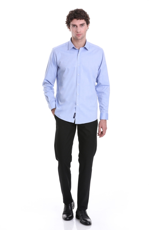 Mavi Regular Fit Düz 100% Pamuklu Slim Yaka Uzun Kollu Klasik Gömlek - Thumbnail (1)