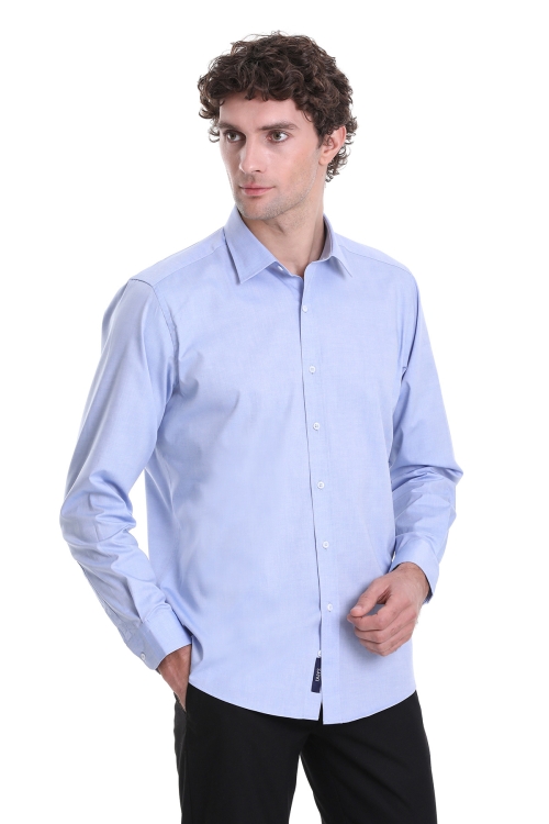Mavi Regular Fit Düz 100% Pamuklu Slim Yaka Uzun Kollu Klasik Gömlek - Thumbnail (2)