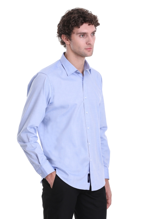 Mavi Regular Fit Düz 100% Pamuklu Slim Yaka Uzun Kollu Klasik Gömlek - Thumbnail (3)