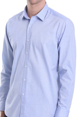 Mavi Regular Fit Düz 100% Pamuklu Slim Yaka Uzun Kollu Klasik Gömlek - Thumbnail