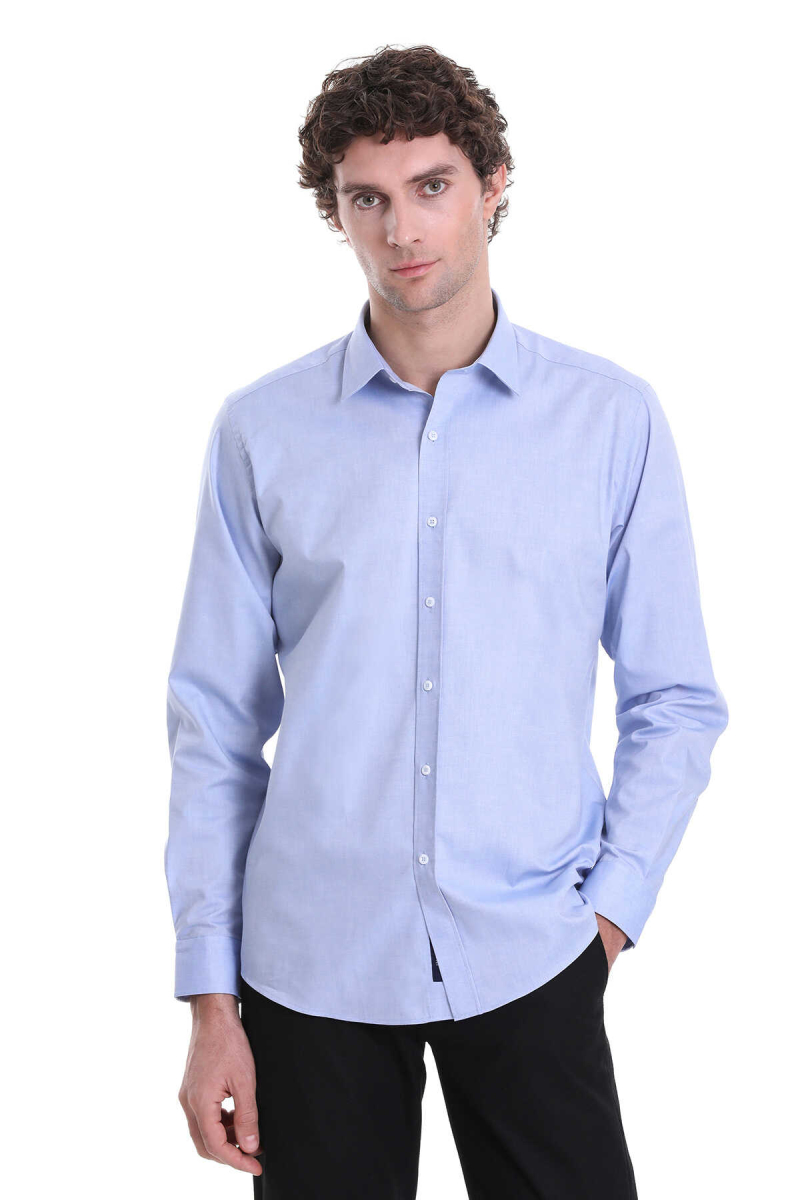 Mavi Regular Fit Düz 100% Pamuklu Slim Yaka Uzun Kollu Klasik Gömlek - Hatemoğlu