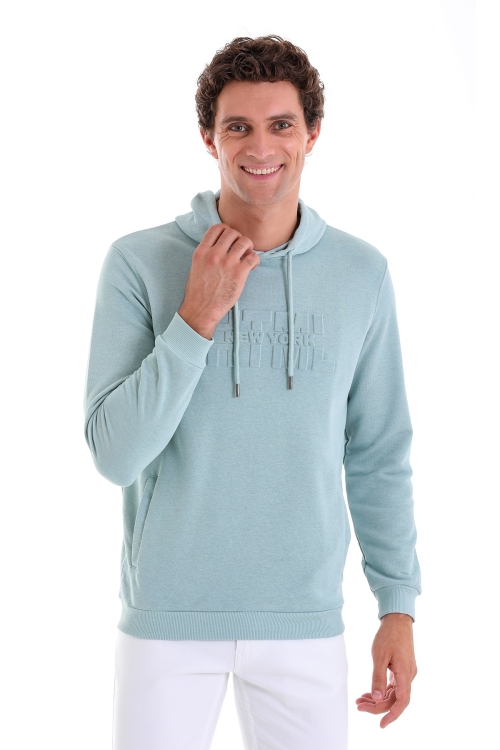 HTML - Mavi Regular Fit Düz Pamuklu Kapüşonlu Kanguru Cepli Sweatshirt