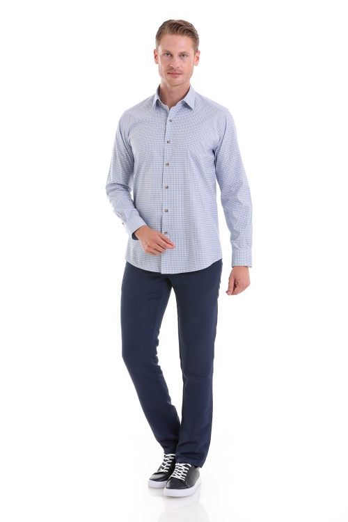 Mavi Regular Fit Kareli 100% Pamuk Slim Yaka Uzun Kollu Klasik Gömlek - Thumbnail (1)
