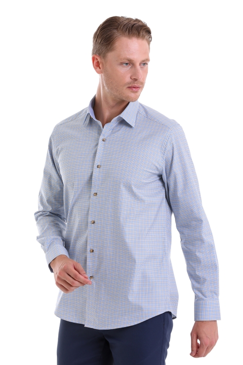 Mavi Regular Fit Kareli 100% Pamuk Slim Yaka Uzun Kollu Klasik Gömlek - Thumbnail (3)