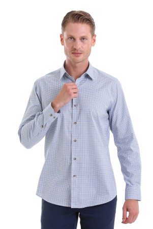 Mavi Regular Fit Kareli 100% Pamuk Slim Yaka Uzun Kollu Klasik Gömlek - Thumbnail