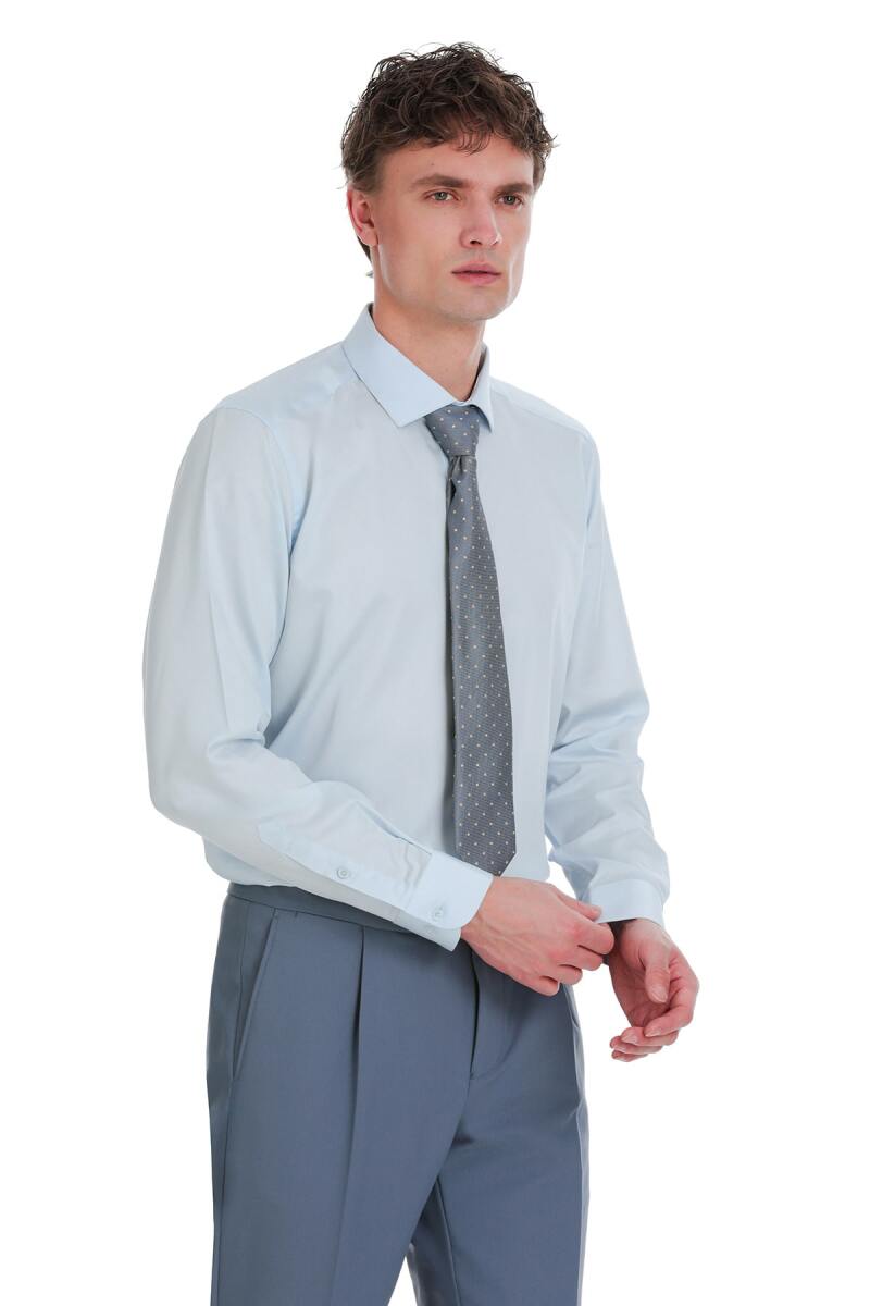 Mavi Slim Fit 100% Pamuk Açık İtalyan Yaka Uzun Kollu Saten Gömlek - Saykı