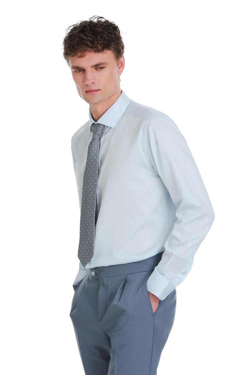 Mavi Slim Fit 100% Pamuk Açık İtalyan Yaka Uzun Kollu Saten Gömlek - Saykı (1)