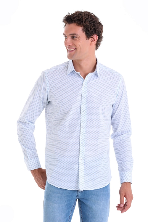 Mavi Slim Fit Baskılı 100% Pamuk Slim Yaka Uzun Kollu Casual Gömlek - Thumbnail (1)