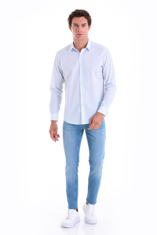 Mavi Slim Fit Baskılı 100% Pamuk Slim Yaka Uzun Kollu Casual Gömlek - Thumbnail (3)