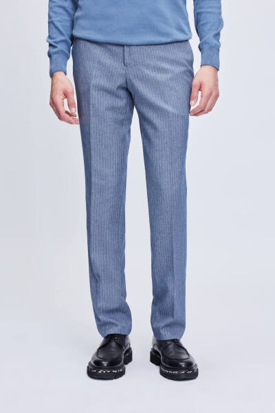 Mavi Slim Fit Çizgili Kruvaze Klasik Takım Elbise - 3