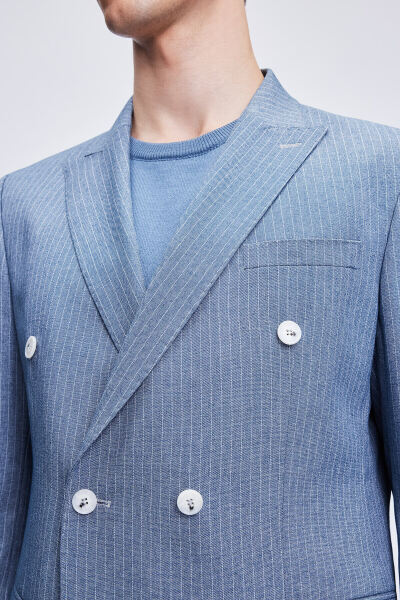 Mavi Slim Fit Çizgili Kruvaze Klasik Takım Elbise - 5