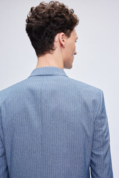 Mavi Slim Fit Çizgili Kruvaze Klasik Takım Elbise - 7