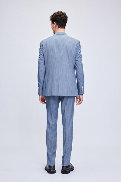 Mavi Slim Fit Çizgili Kruvaze Klasik Takım Elbise - 8