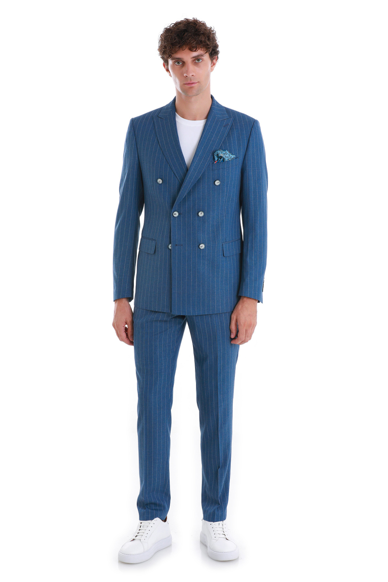 Mavi Slim Fit Çizgili Kruvaze Takım Elbise - HTML