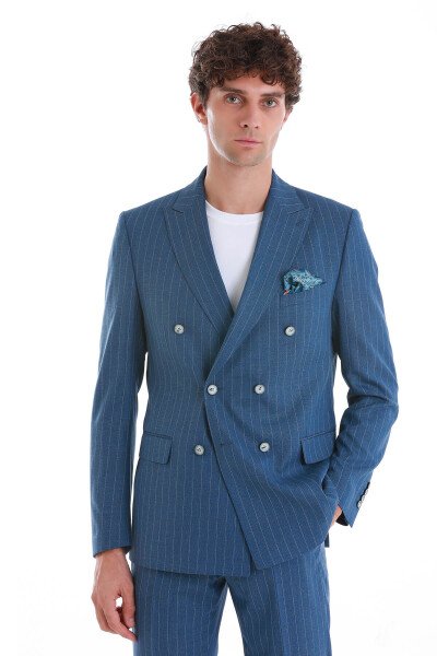 Mavi Slim Fit Çizgili Kruvaze Takım Elbise - 2