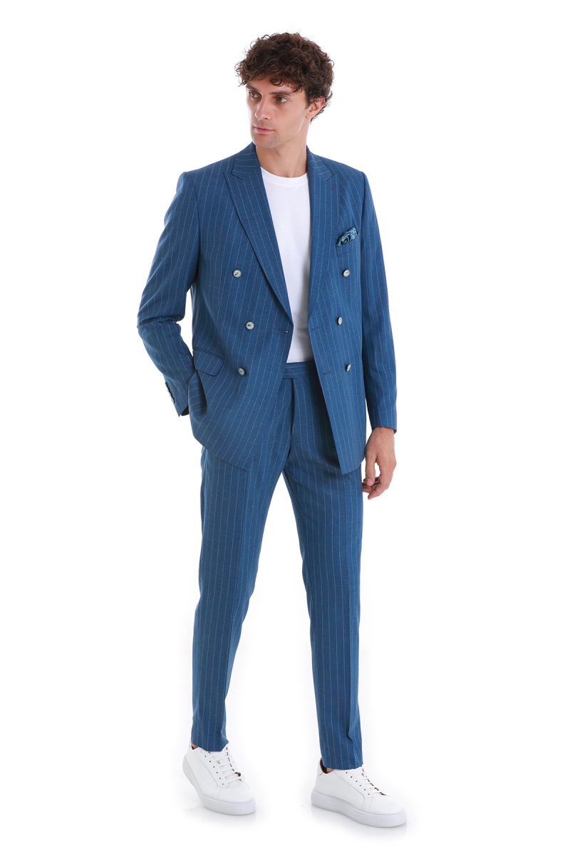 Mavi Slim Fit Çizgili Kruvaze Takım Elbise - HTML (1)