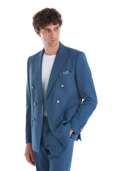 Mavi Slim Fit Çizgili Kruvaze Takım Elbise - 4