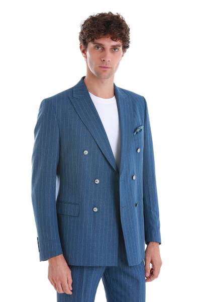 Mavi Slim Fit Çizgili Kruvaze Takım Elbise - 5