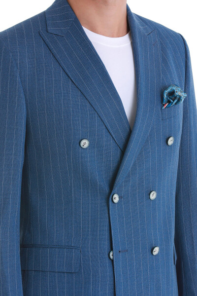 Mavi Slim Fit Çizgili Kruvaze Takım Elbise - 6