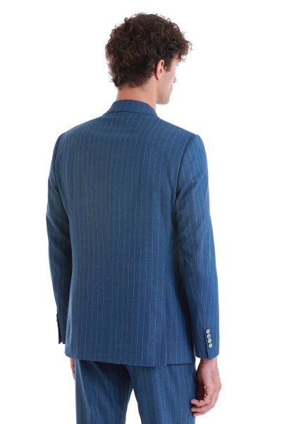 Mavi Slim Fit Çizgili Kruvaze Takım Elbise - 8