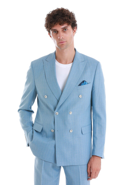 Mavi Slim Fit Çizgili Kruvaze Takım Elbise - 2