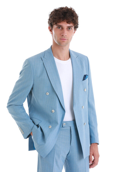 Mavi Slim Fit Çizgili Kruvaze Takım Elbise - 4