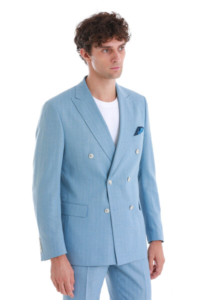 Mavi Slim Fit Çizgili Kruvaze Takım Elbise - 5