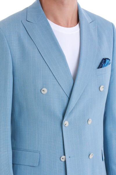 Mavi Slim Fit Çizgili Kruvaze Takım Elbise - 6