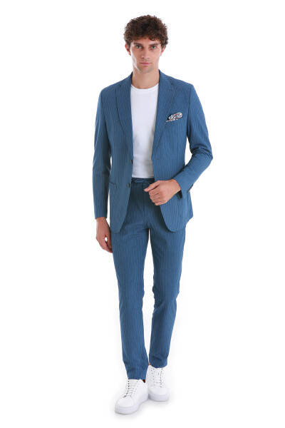 Mavi Slim Fit Çizgili Mono Yaka Takım Elbise - 1