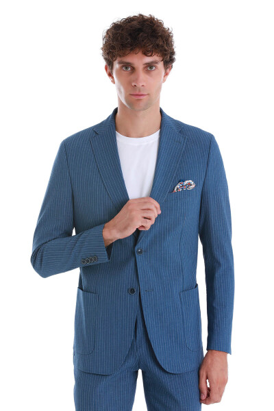 Mavi Slim Fit Çizgili Mono Yaka Takım Elbise - 2