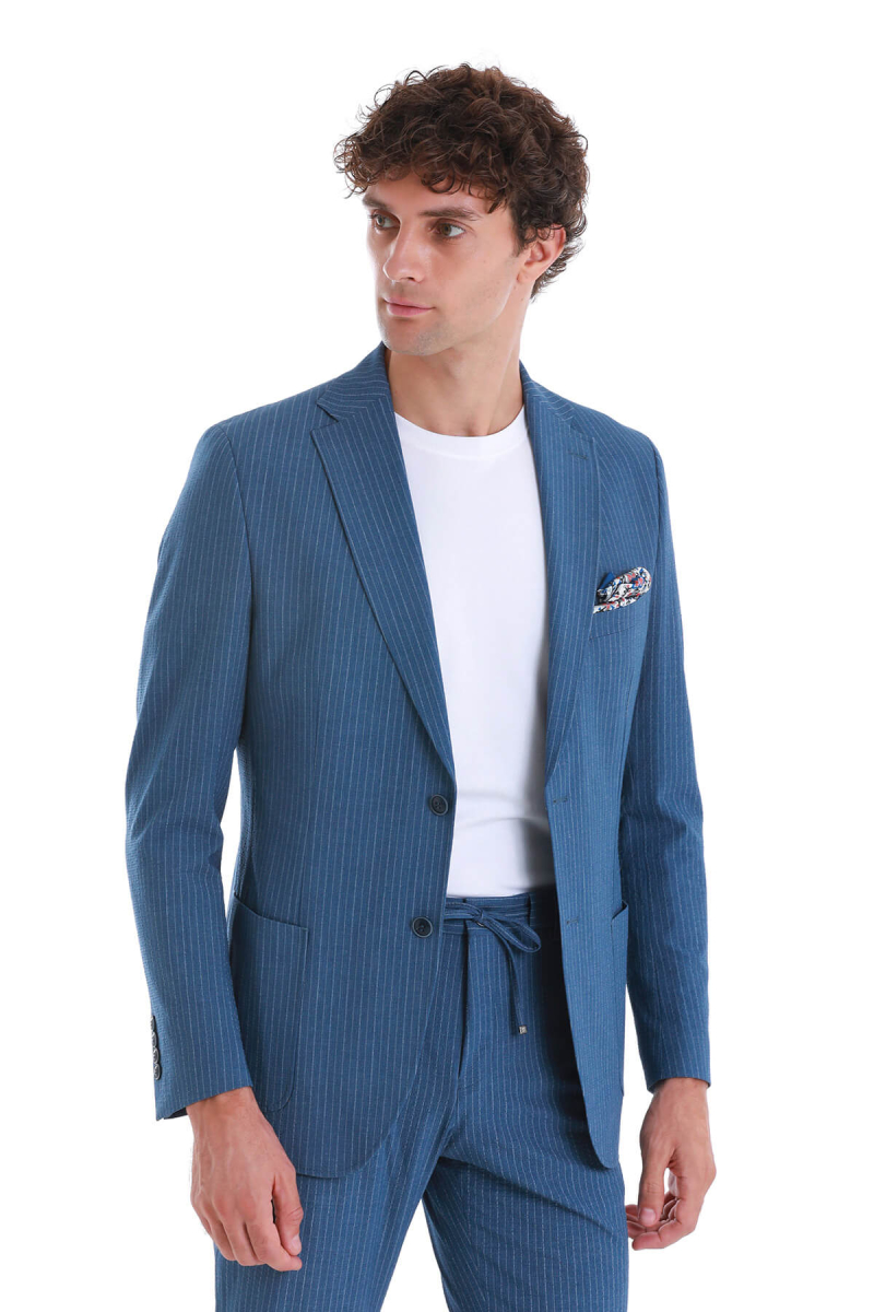 Mavi Slim Fit Çizgili Mono Yaka Takım Elbise - HTML (1)