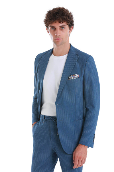 Mavi Slim Fit Çizgili Mono Yaka Takım Elbise - 4