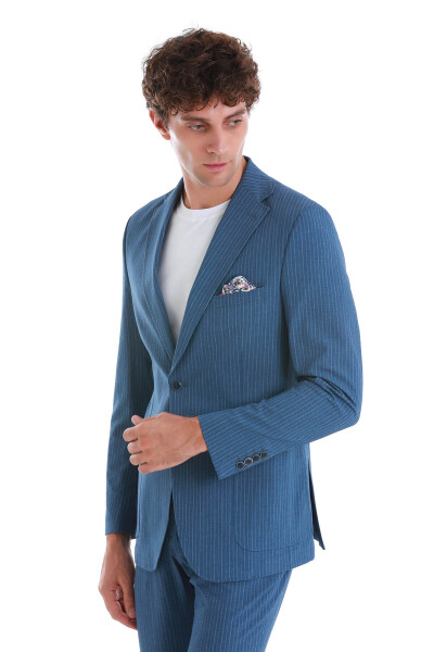 Mavi Slim Fit Çizgili Mono Yaka Takım Elbise - 5