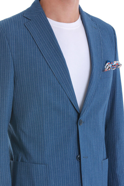 Mavi Slim Fit Çizgili Mono Yaka Takım Elbise - 6