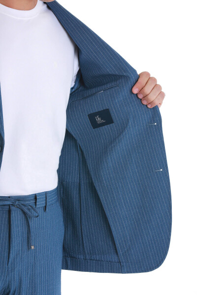 Mavi Slim Fit Çizgili Mono Yaka Takım Elbise - 7